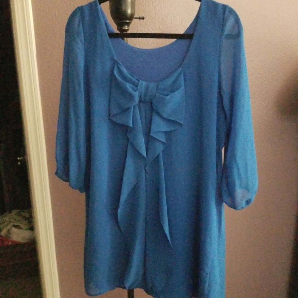 Blue Blouse with Bow Detail